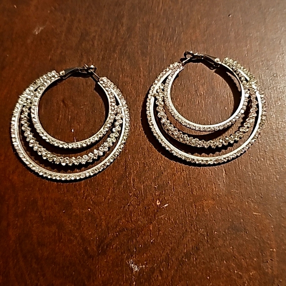 Silvertone Large (2.5"×2.5") Hoop Earrings, Pierce, w/Crystal & Rhinestones - Picture 3 of 4